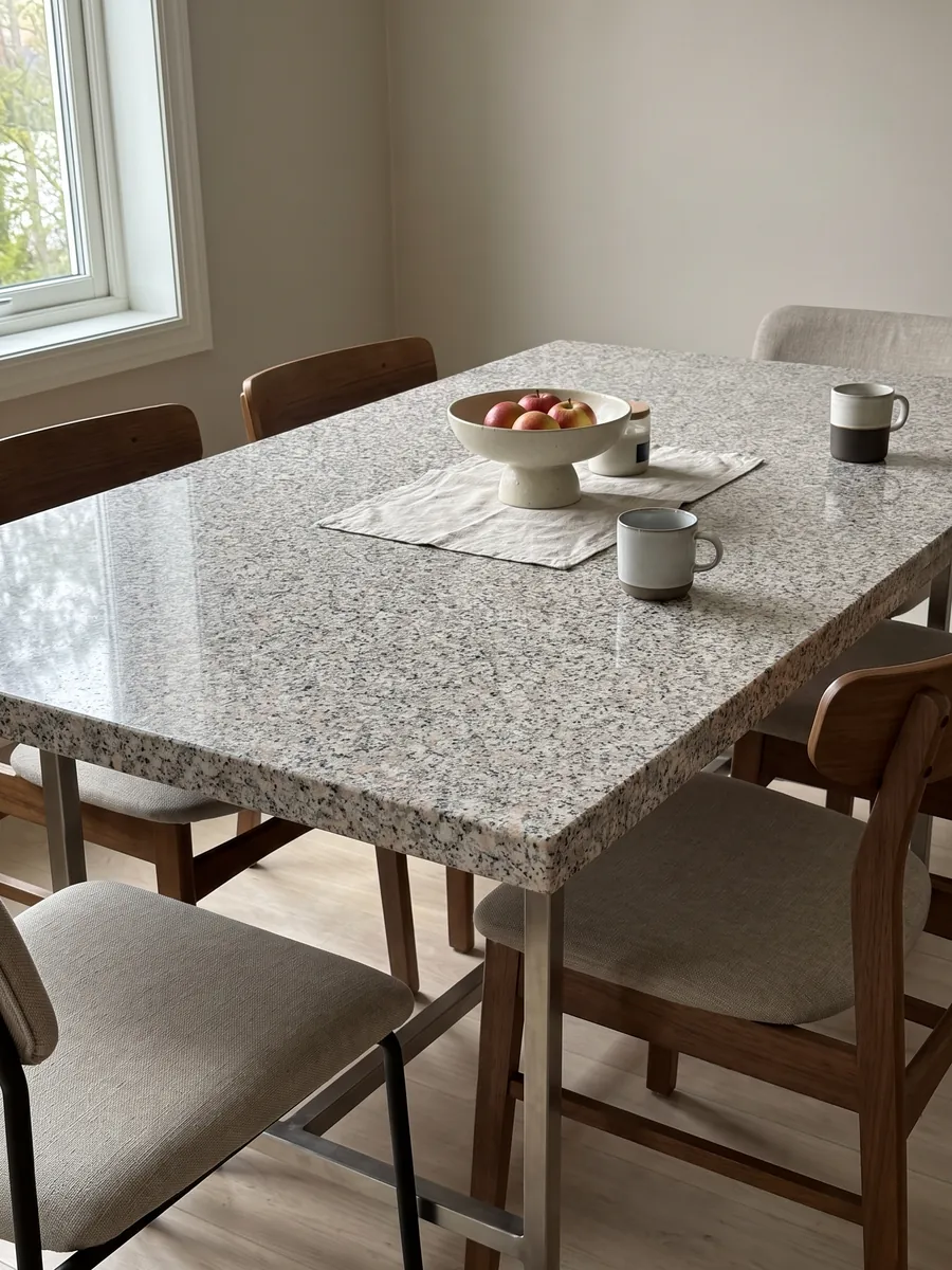 Dining table with a Rosa Beta granite top on a steel base: white grain with pale pink and black dots