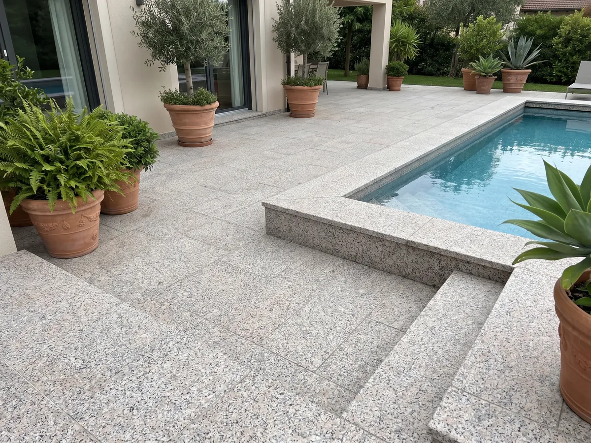 Terrace floor and pool coping in Rosa Beta granite with planters: white grain with pale pink and black dots