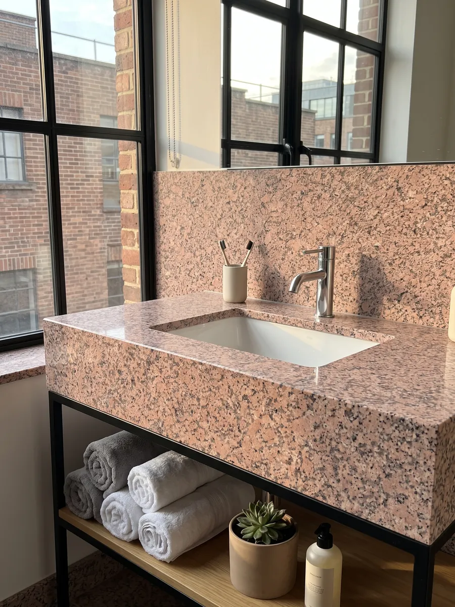 Vanity top and bathroom wall in Rosa de Salto granite with a white sink and chrome faucets: mottled pink with dark gray and white speckles