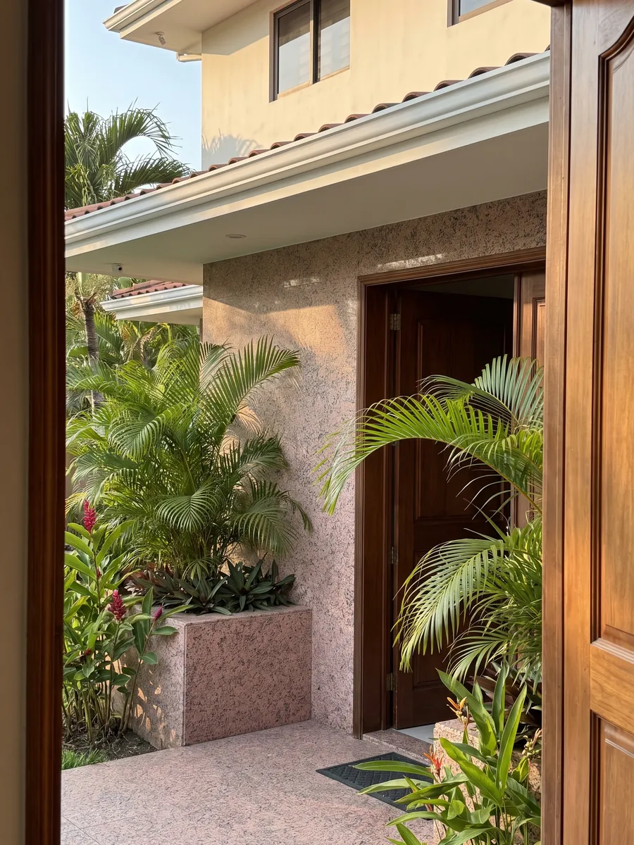 House facade clad in Rosa de Salto granite next to a wooden door: mottled pink with dark gray and white speckles