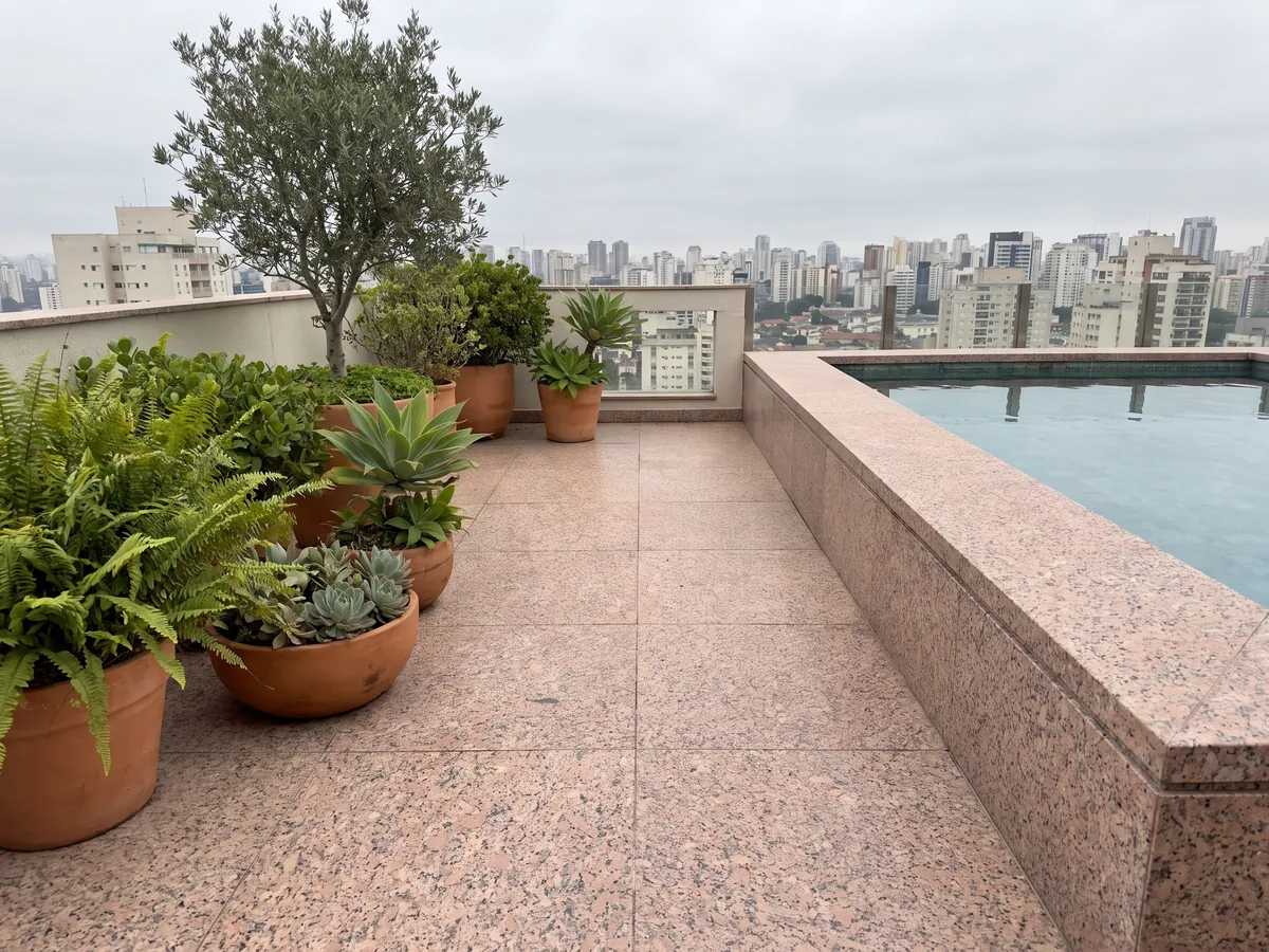 Terrace floor and pool coping in Rosa de Salto granite with planters: mottled pink with dark gray and white speckles