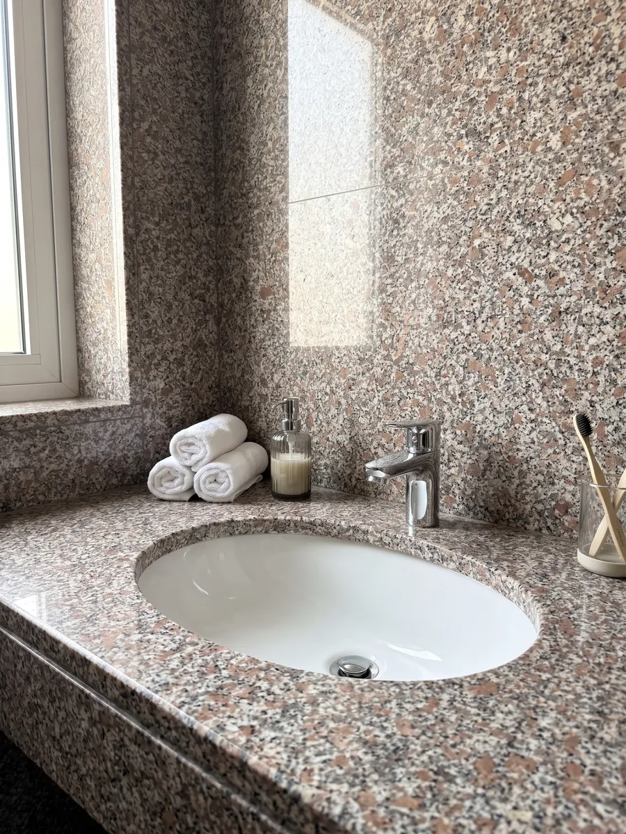 Vanity top and bathroom wall in pink Limbara granite with a white sink and chrome fixtures: pinkish-brown grain with white and black crystals