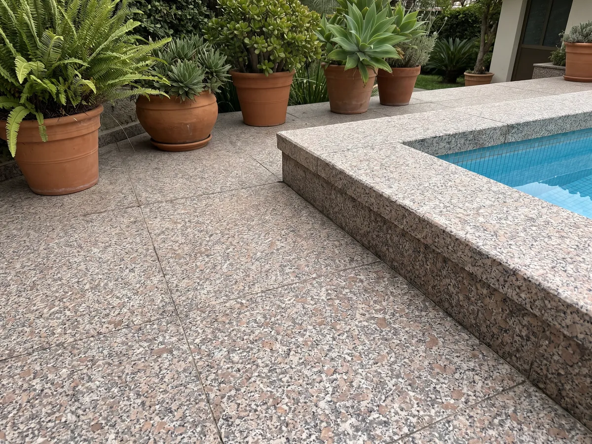 Terrace floor and pool coping in pink Limbara granite with planters: pinkish-brown grain with white and black crystals