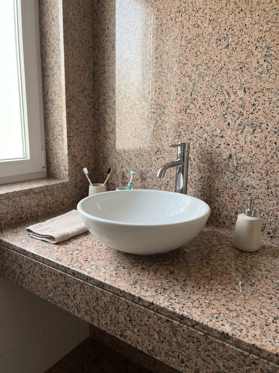 Vanity top and bathroom wall in Rosa Porriño granite with a white sink and chrome faucets: speckled salmon pink with black specks