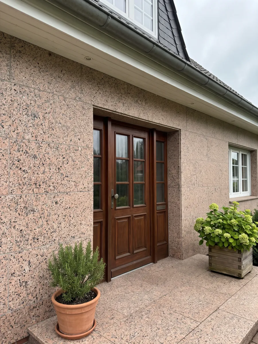 House facade clad in Rosa Porriño granite next to a wood door: speckled salmon pink with black specks