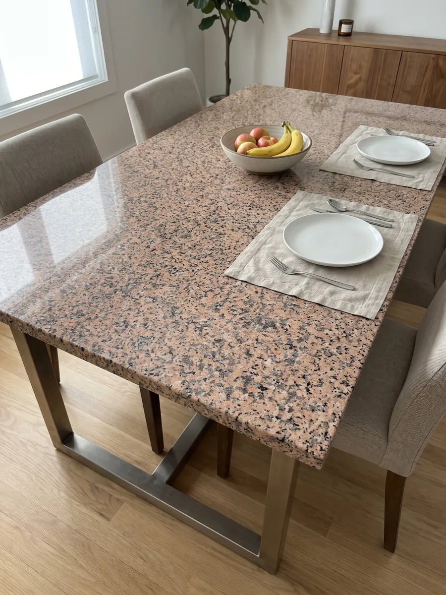 Dining table with a Rosa Porriño granite top on a steel base: speckled salmon pink with black specks