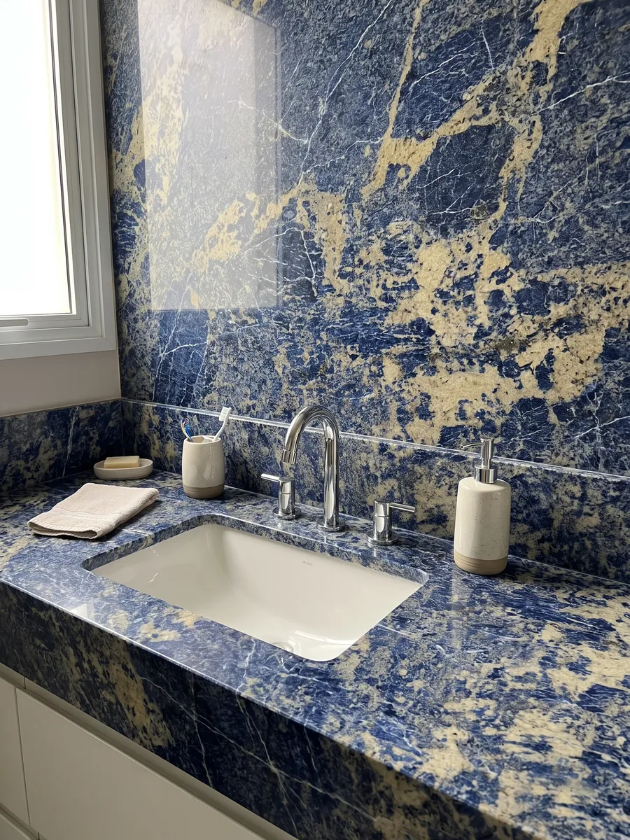 Vanity top and bathroom wall in Blue Sodalite granite with a white sink and chrome fixtures: intense blue with irregular yellowish beige areas