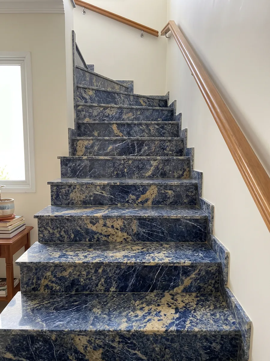 Interior staircase with Blue Sodalite granite steps and a handrail: intense blue with irregular yellowish beige areas