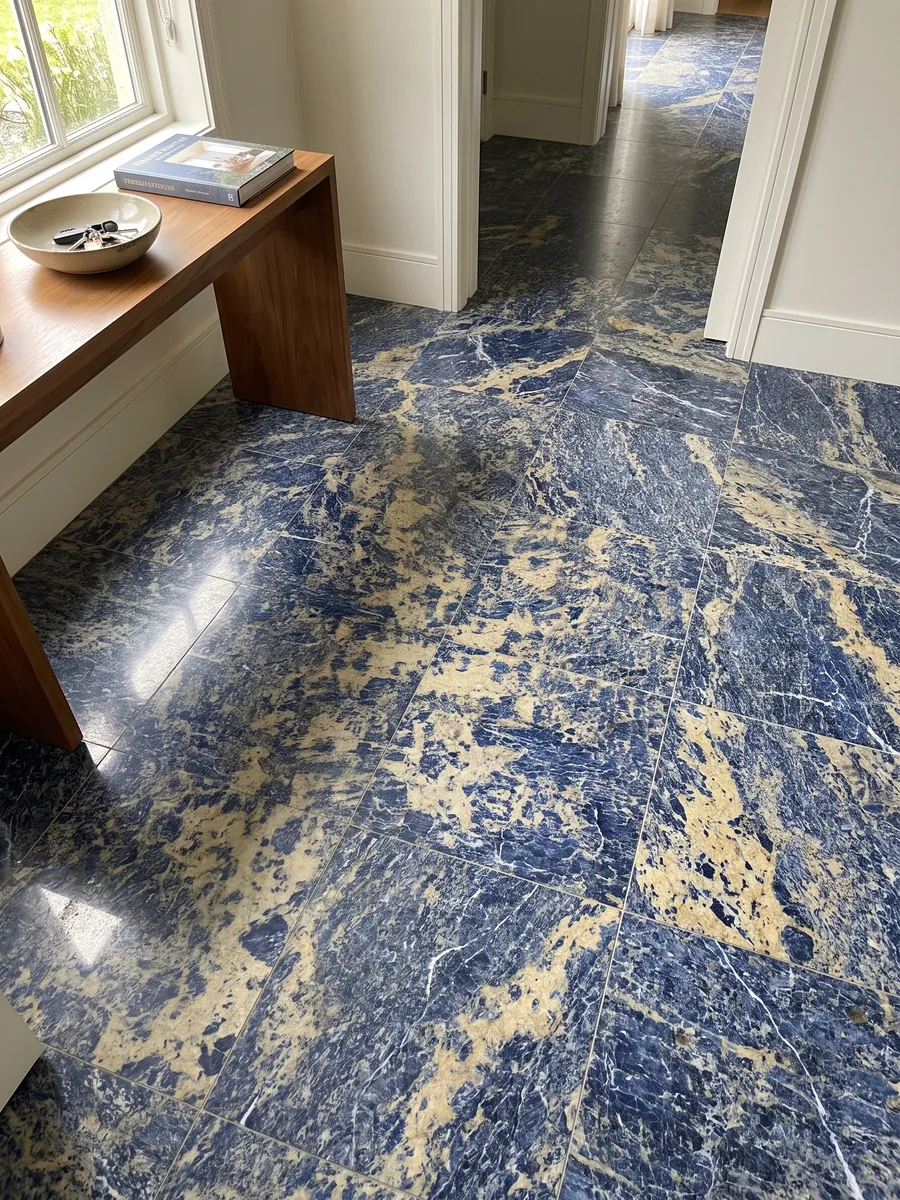Entryway floor in large Blue Sodalite granite slabs with natural light: intense blue with irregular yellowish beige areas