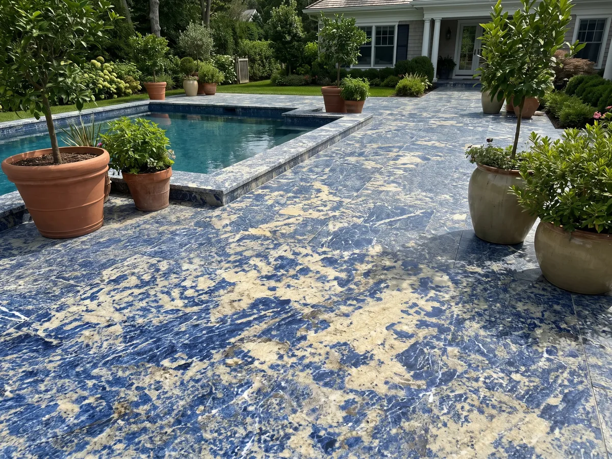 Terrace floor and pool edge in Blue Sodalite granite with planters: intense blue with irregular yellowish beige areas