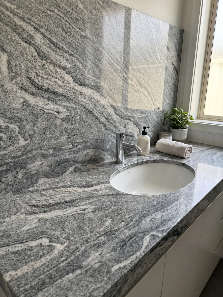 Vanity top and bathroom wall in Verde Marina granite with a white sink and chrome faucets: visible-grain white and grey wavy bands; the photo shows no green tones