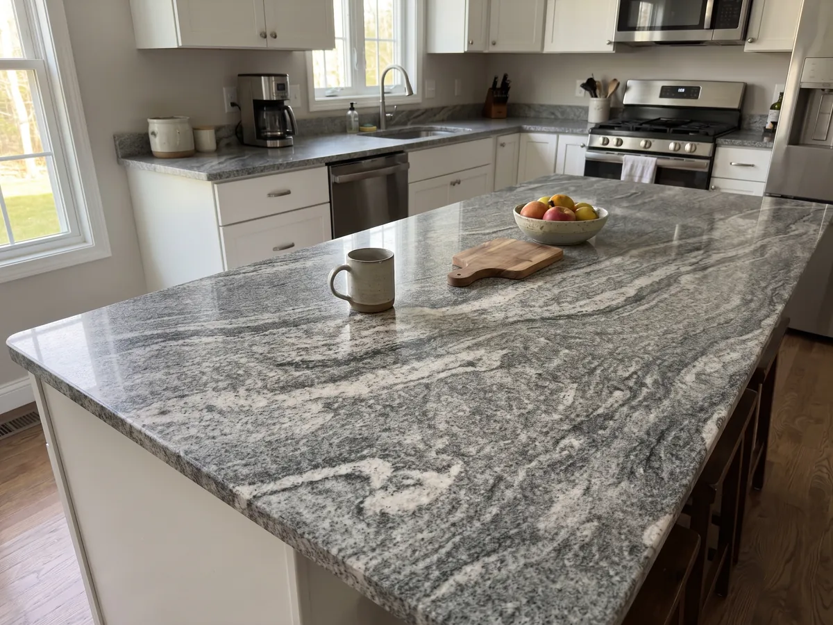 Kitchen island with a Verde Marina granite countertop and a straight edge in a kitchen with natural light: wavy white and gray bands with visible grain; the photo shows no green tones