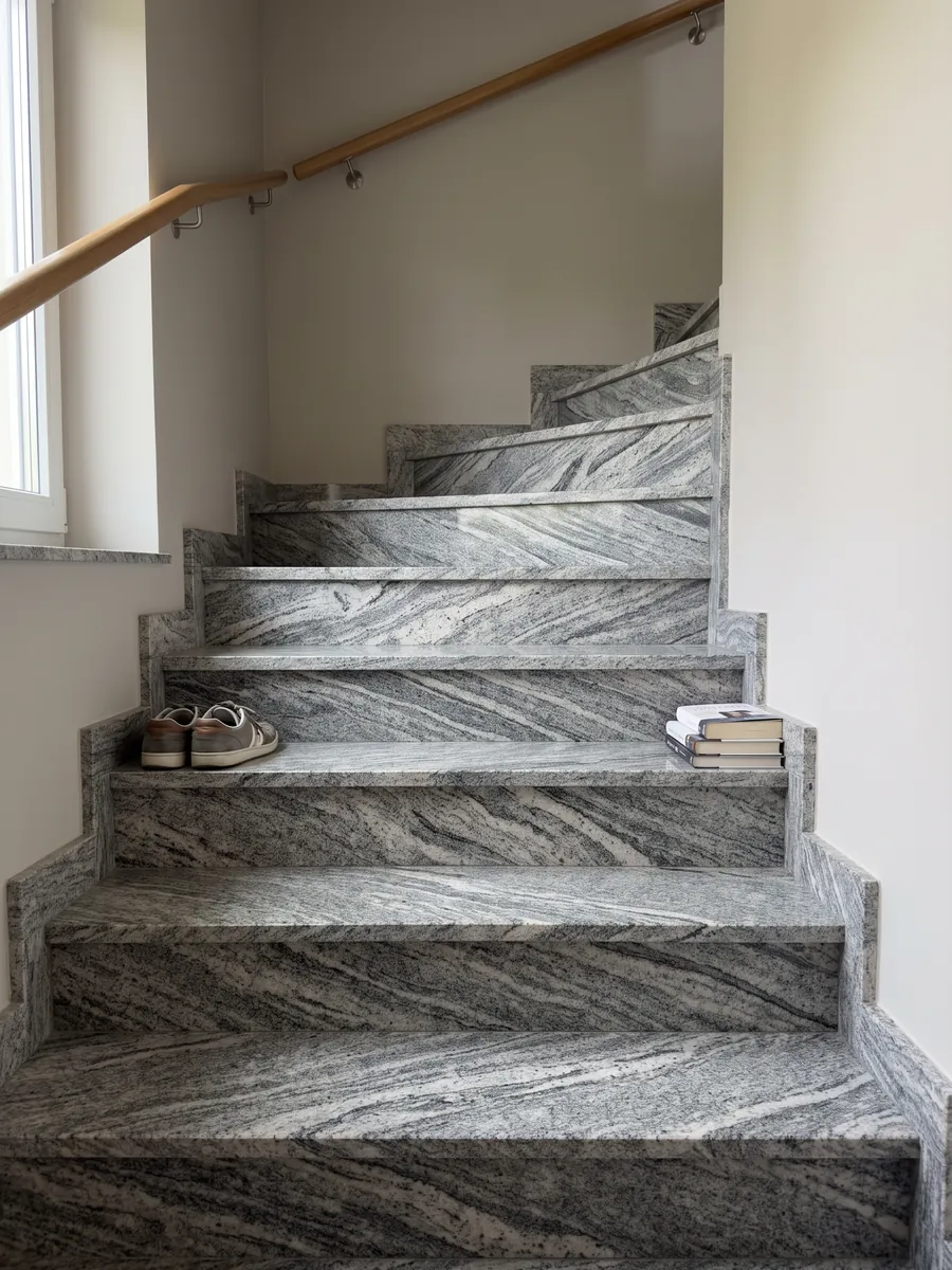 Interior staircase with Verde Marina granite treads and a handrail: visible-grain white and grey wavy bands; the photo shows no green tones