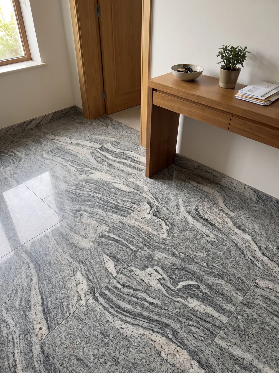 Entryway floor in large Verde Marina granite slabs with natural light: visible-grain white and grey wavy bands; the photo shows no green tones