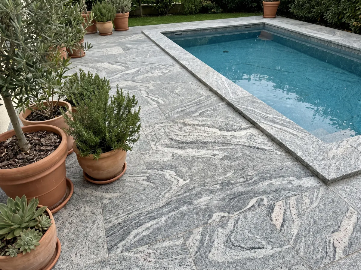 Terrace floor and pool coping in Verde Marina granite with planters: visible-grain white and grey wavy bands; the photo shows no green tones