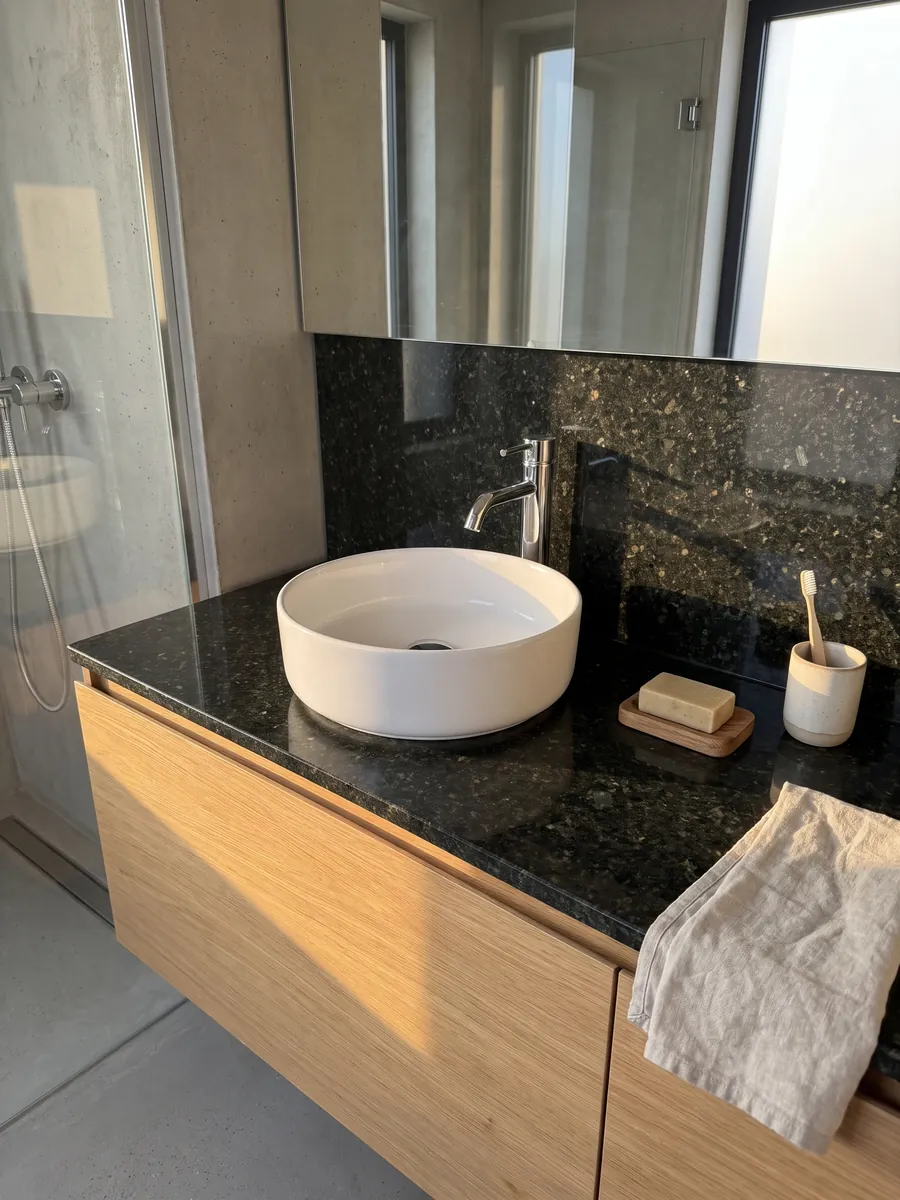 Vanity top and bathroom wall in Verde Ubatuba granite with a white sink and chrome faucets: a nearly black green with flashes of light green and gold