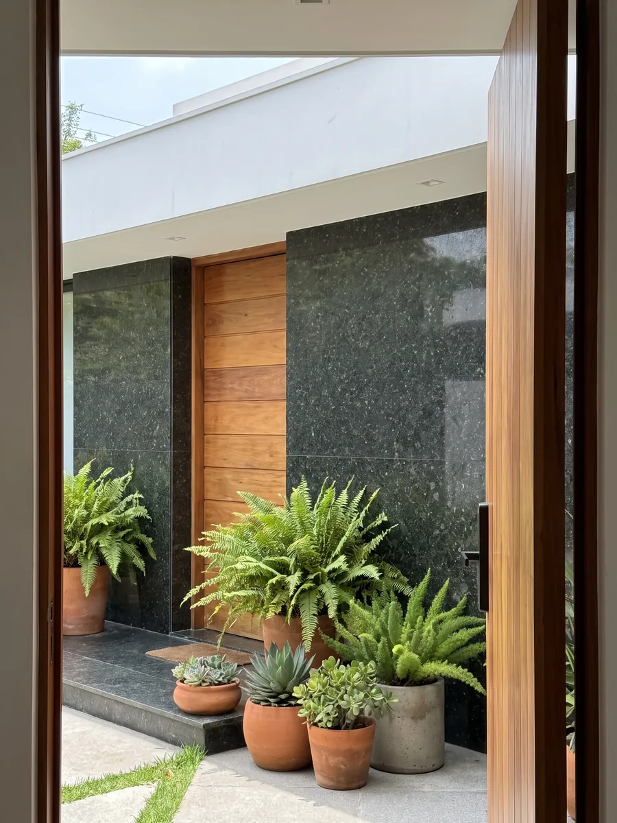 House facade clad in Verde Ubatuba granite next to a wood door: a nearly black green with flashes of light green and gold