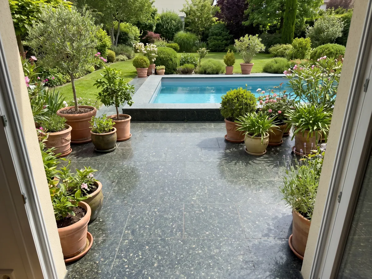 Terrace floor and pool coping in Verde Ubatuba granite with planters: a nearly black green with flashes of light green and gold
