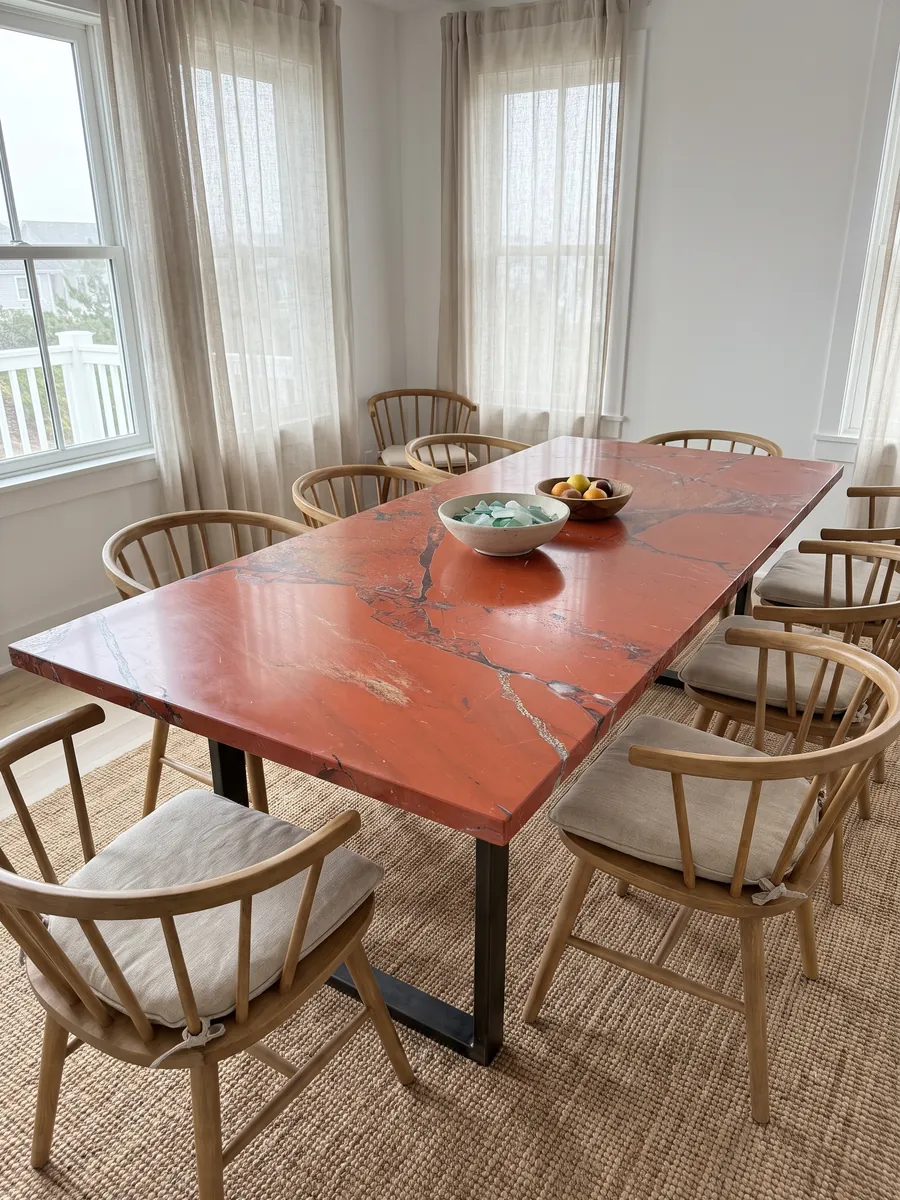Dining table with a Red Jasper top on a steel base: intense orange-red in large pieces with fine gray joints