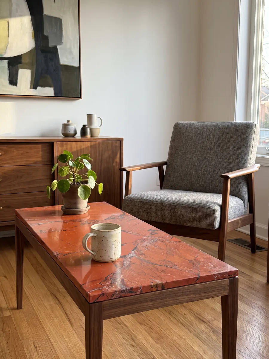 Coffee table with a Red Jasper top in a living room: intense orange-red in large pieces with fine gray joints