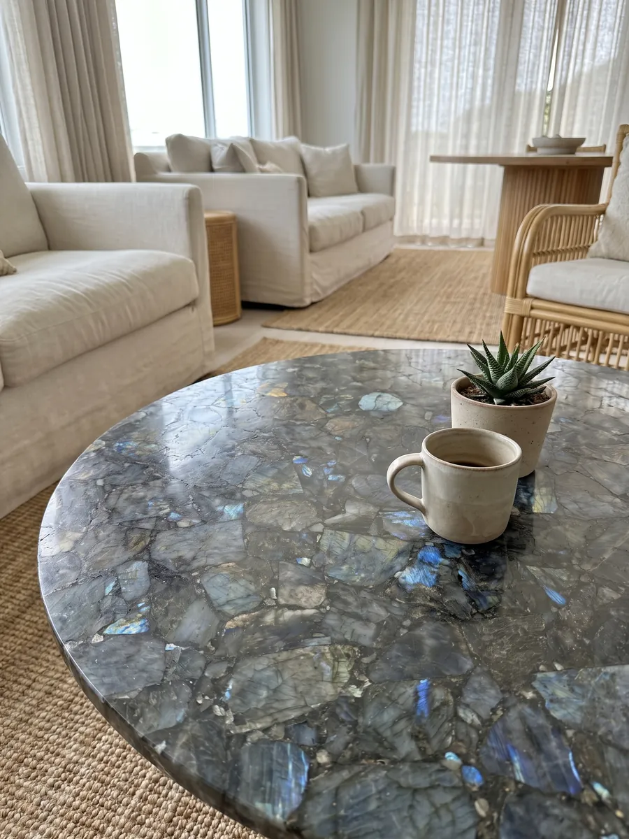 Coffee table with a labradorite top in a living room: dark gray pieces with iridescent blue flashes spread across