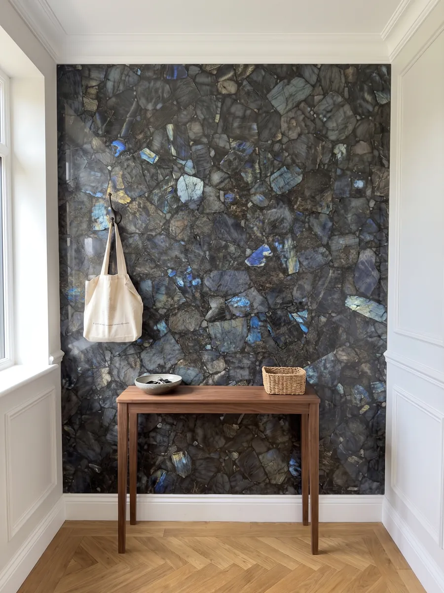 Entryway wall clad in labradorite with a narrow console: dark gray pieces with iridescent blue flashes spread across