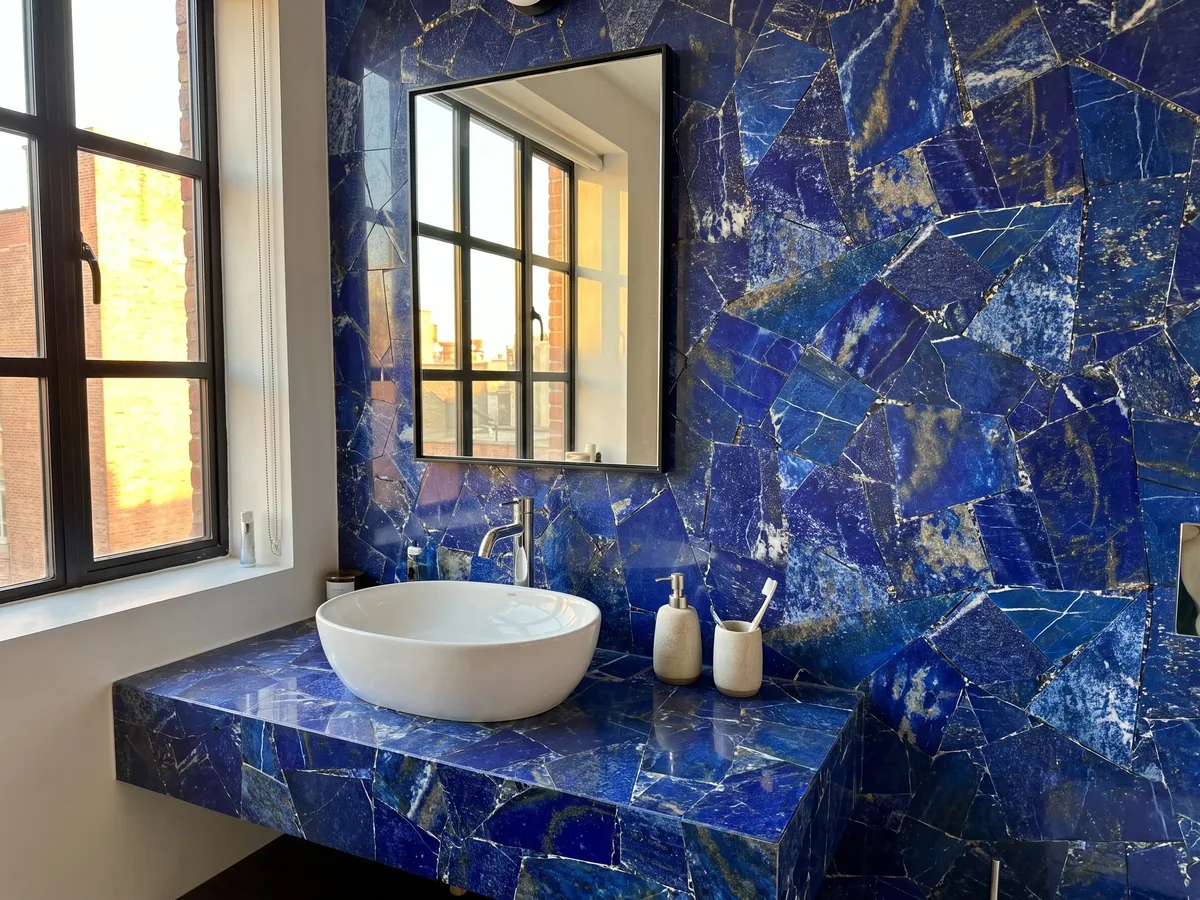 Vanity top and bathroom wall in lapis lazuli with a white sink and chrome fixtures: intense ultramarine in angular pieces with white and golden flecks