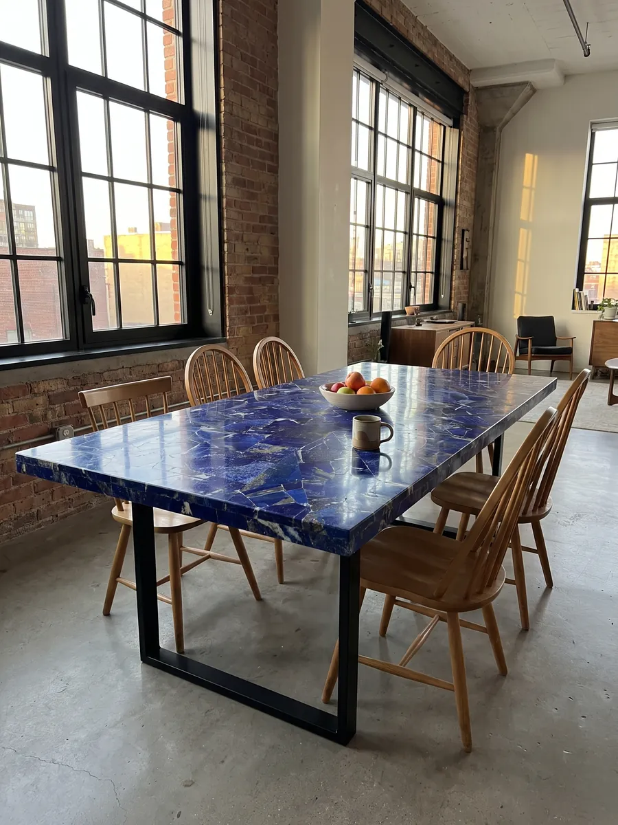 Dining table with a lapis lazuli top on a steel base: intense ultramarine in angular pieces with white and golden flecks
