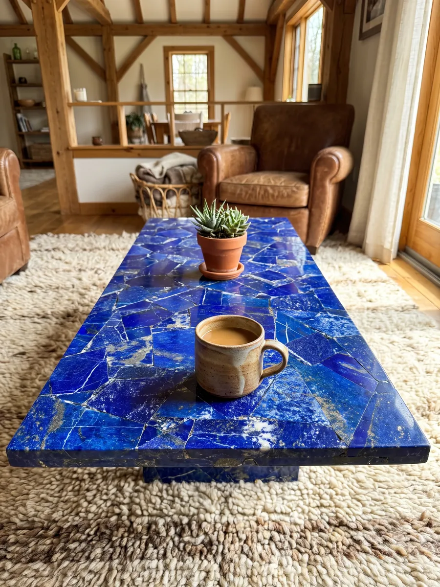 Coffee table with a lapis lazuli top in a living room: intense ultramarine in angular pieces with white and golden flecks