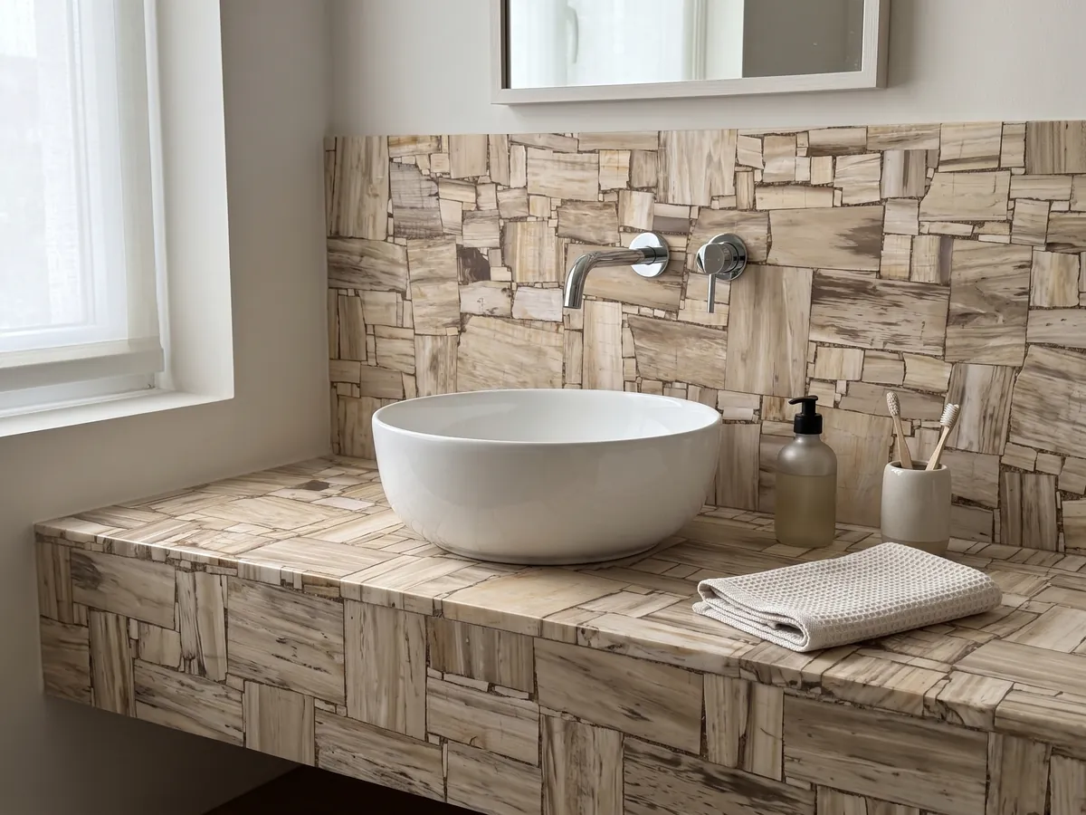 Vanity top and bathroom wall in White Petrified Wood, Cross-Cut, with a white sink and chrome faucets: beige petrified wood rectangles with visible grain, like a parquet