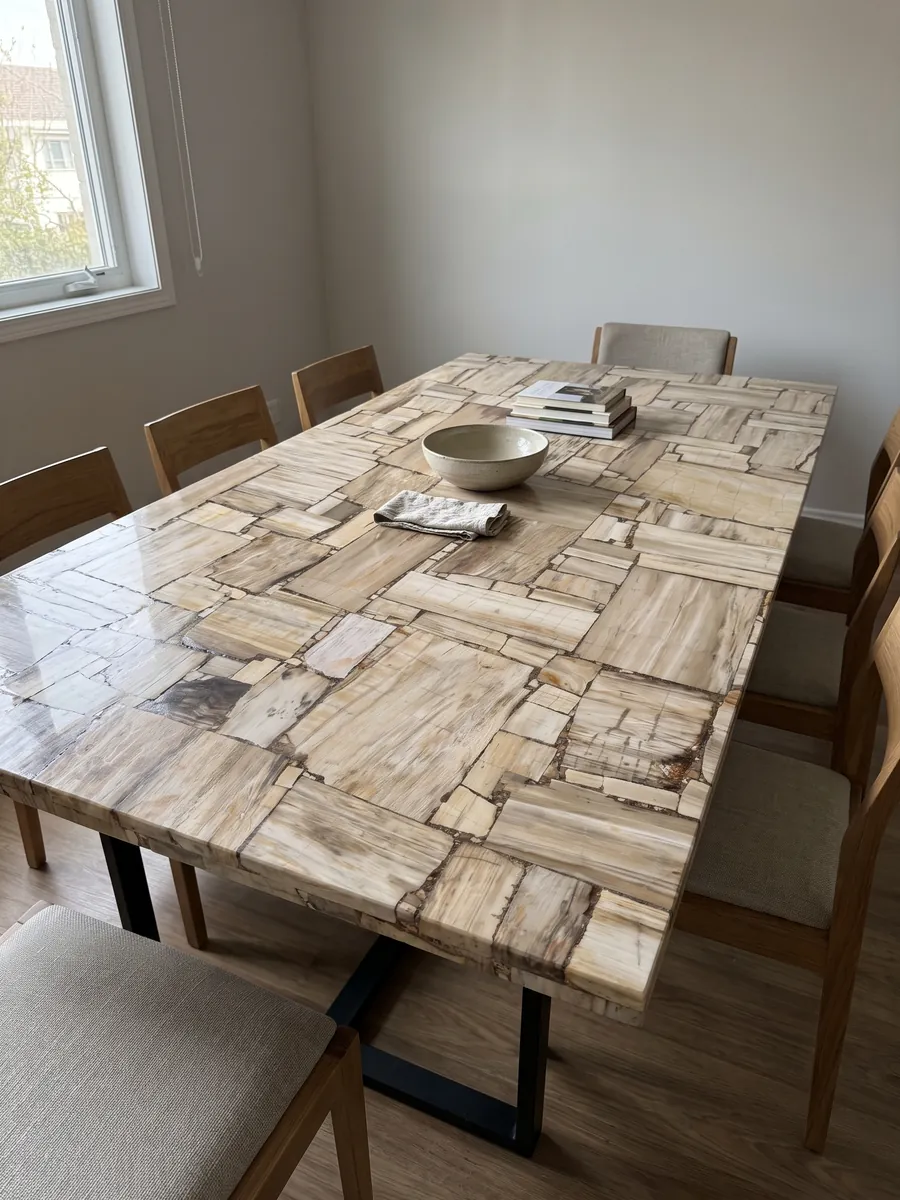Dining table with a White Petrified Wood, Cross-Cut, top on a steel base: beige petrified wood rectangles with visible grain, like a parquet