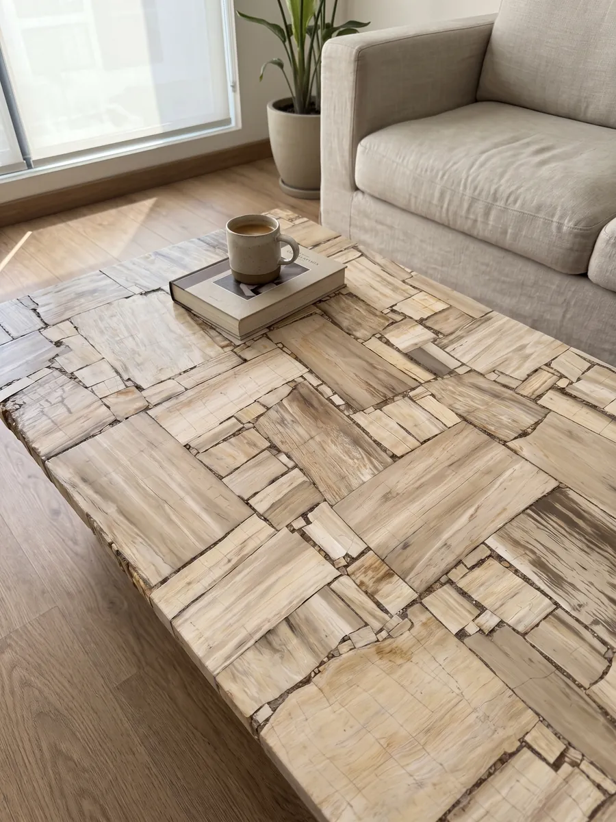 Coffee table with a White Petrified Wood, Cross-Cut, top in a living room: beige petrified wood rectangles with visible grain, like a parquet