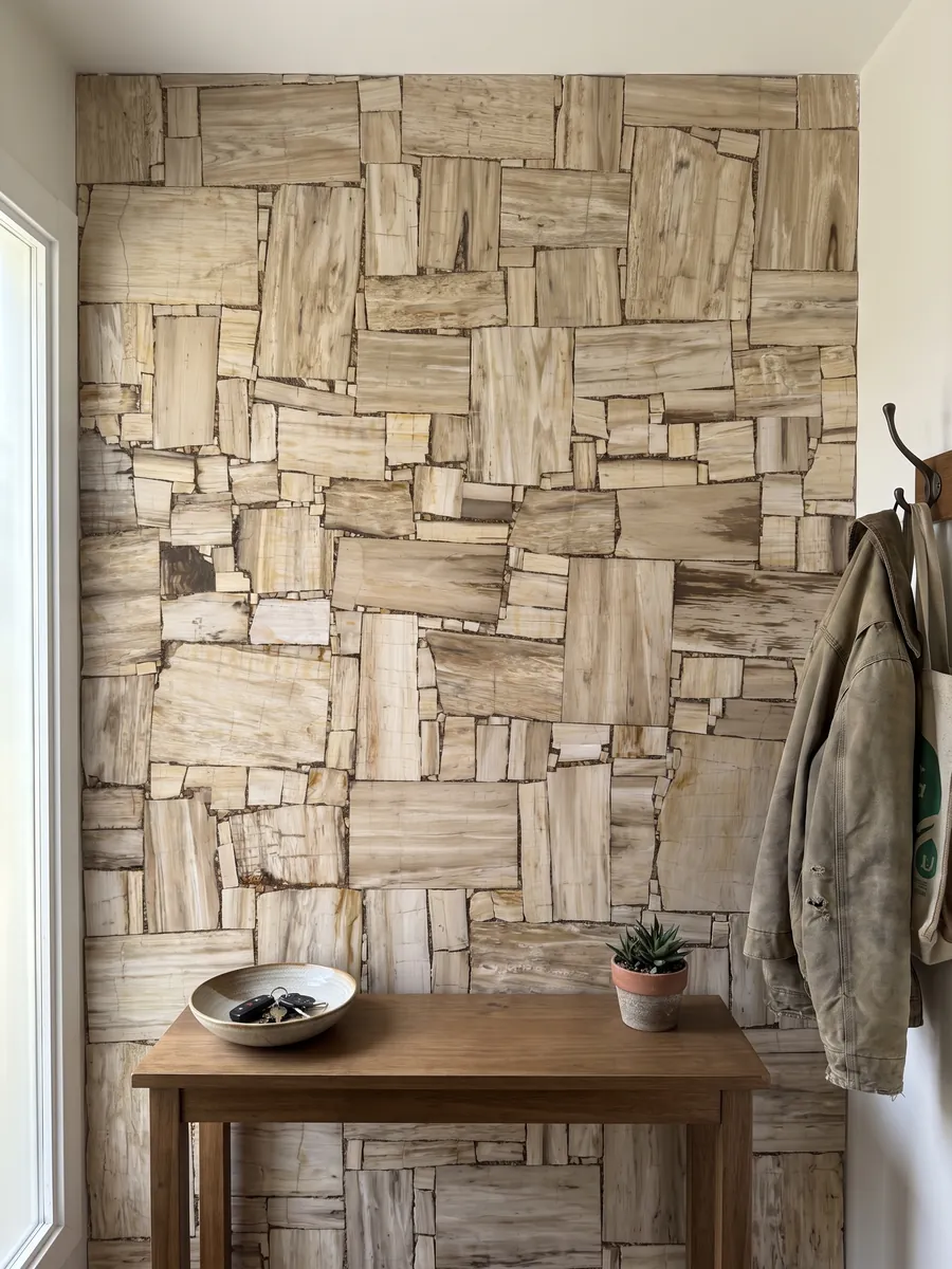 Entryway wall clad in White Petrified Wood, Cross-Cut, with a narrow console: beige petrified wood rectangles with visible grain, like a parquet