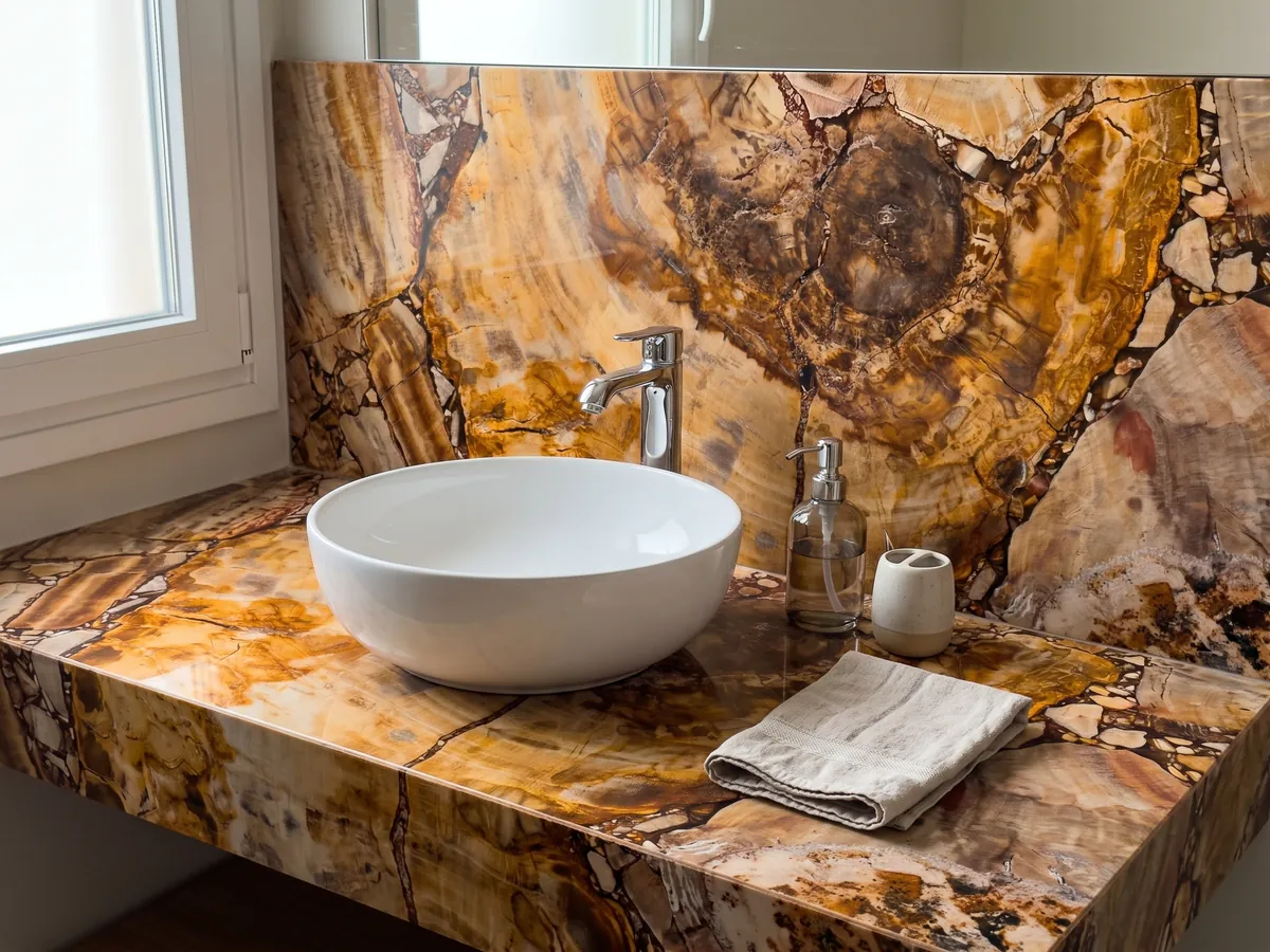 Vanity top and bathroom wall in Brown Petrified Wood with a white sink and chrome faucets: a cut of petrified trunk with visible rings in ocher and orange and a brown center