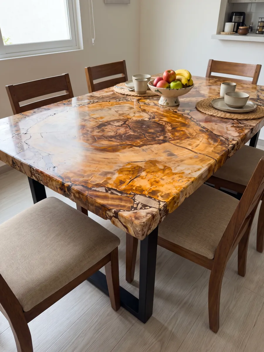 Dining table with a Brown Petrified Wood top on a steel base: a cut of petrified trunk with visible rings in ocher and orange and a brown center