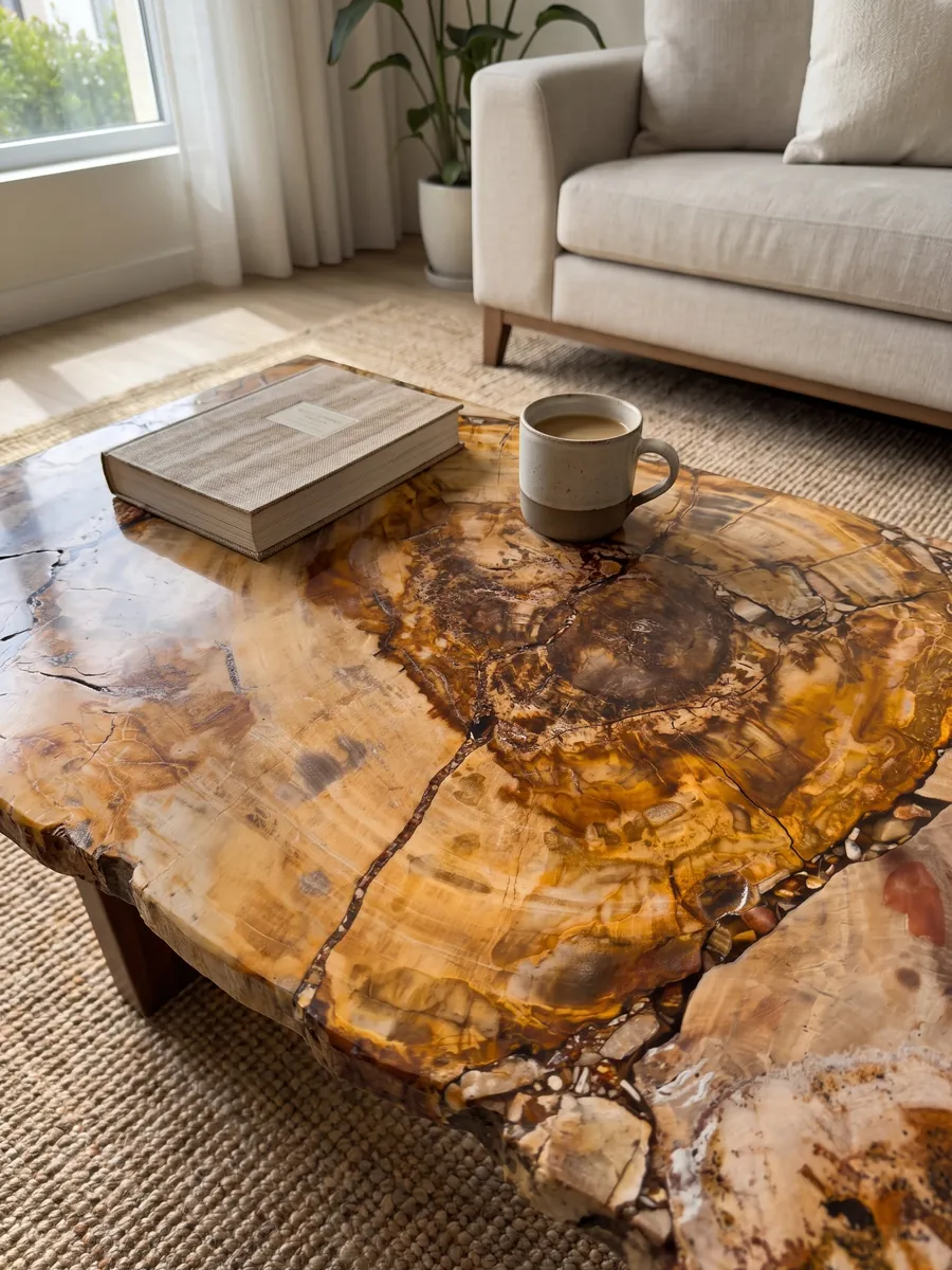 Coffee table with a Brown Petrified Wood top in a living room: a cut of petrified trunk with visible rings in ocher and orange and a brown center
