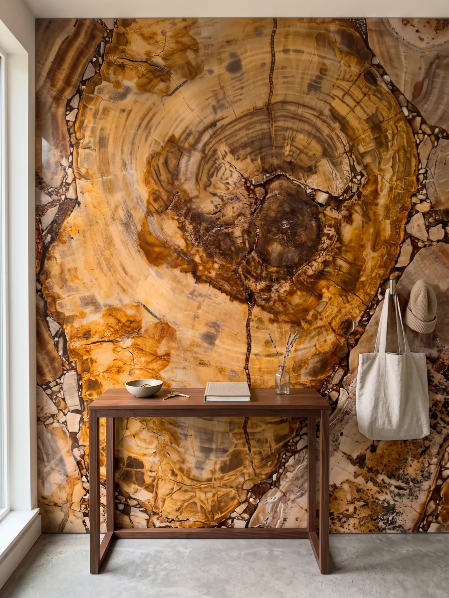 Entryway wall clad in Brown Petrified Wood with a narrow console: a cut of petrified trunk with visible rings in ocher and orange and a brown center