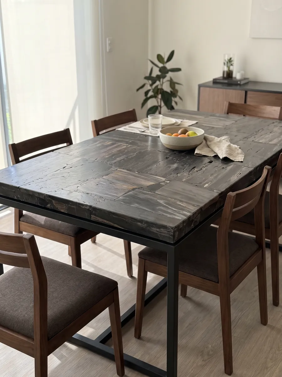 Dining table with a Black Petrified Wood, Cross-Cut, top on a steel base: dark petrified wood pieces with visible grain and a grayish brown block at the center