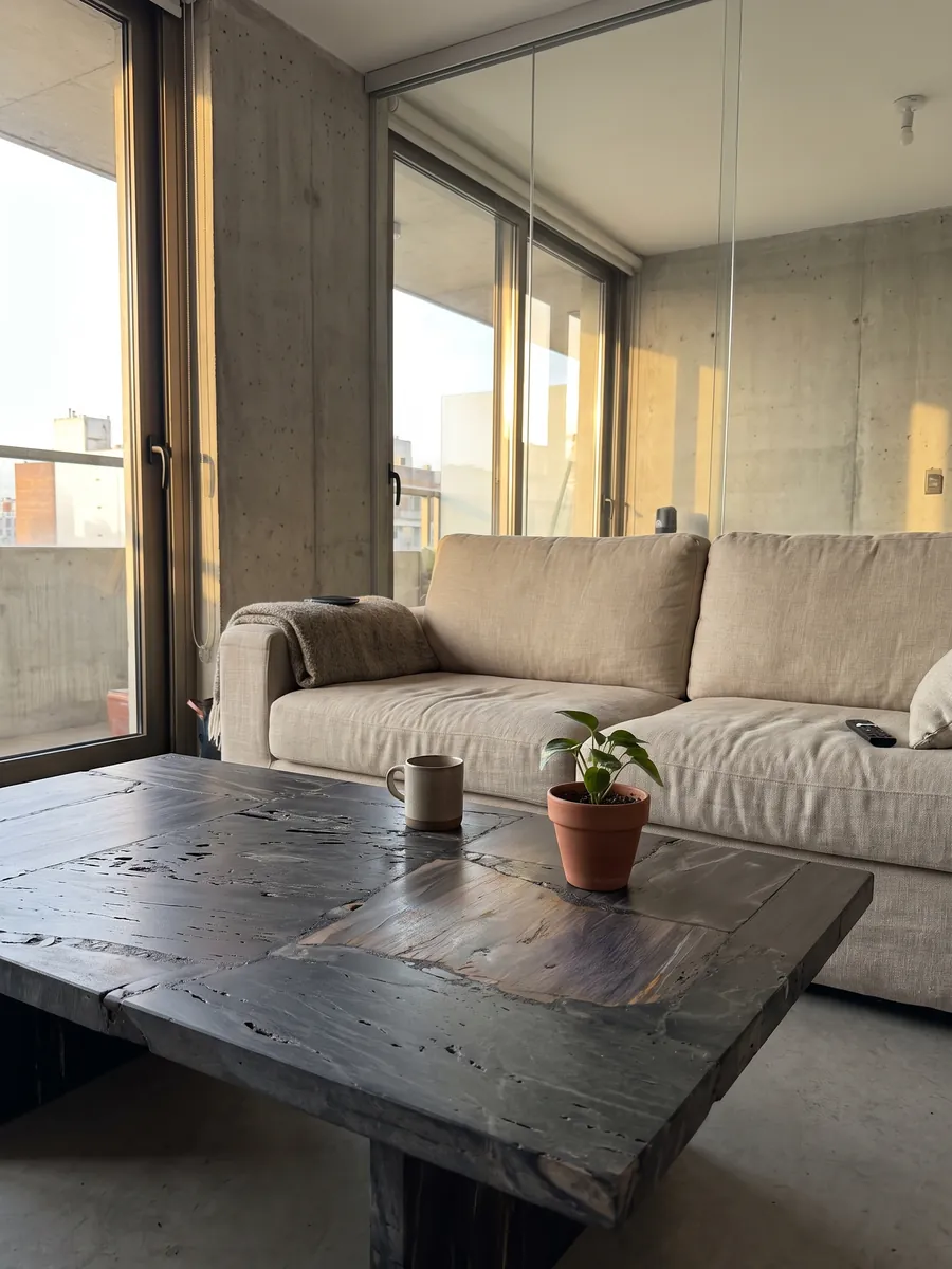 Coffee table with a Black Petrified Wood, Cross-Cut, top in a living room: dark petrified wood pieces with visible grain and a grayish brown block at the center