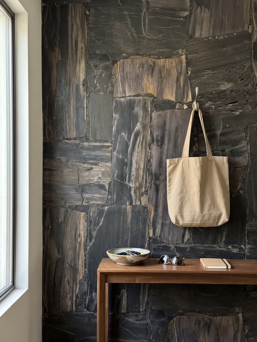 Entryway wall clad in Black Petrified Wood, Cross-Cut, with a narrow console: dark petrified wood pieces with visible grain and a grayish brown block at the center
