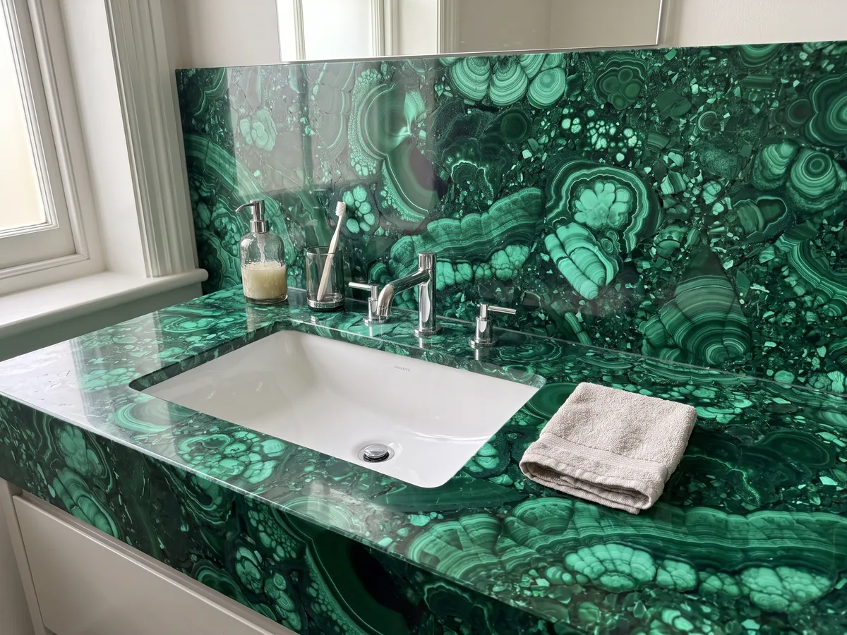 Vanity top and bathroom wall in malachite with a white sink and chrome fixtures: emerald green with light and dark concentric bands and circles