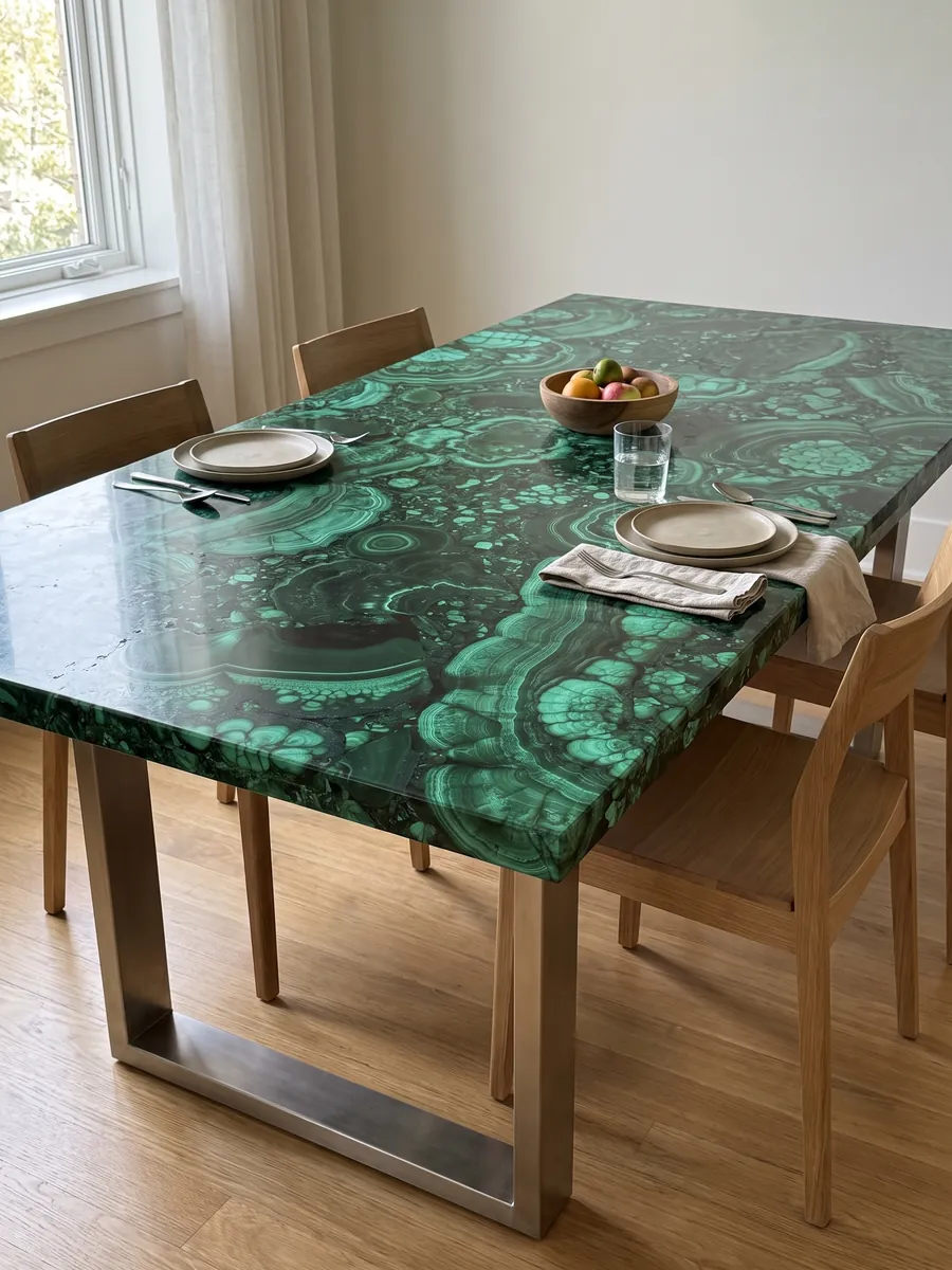 Dining table with a malachite top on a steel base: emerald green with light and dark concentric bands and circles