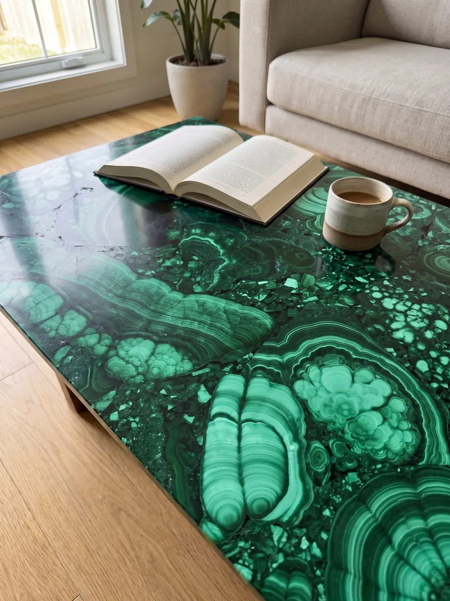 Coffee table with a malachite top in a living room: emerald green with light and dark concentric bands and circles