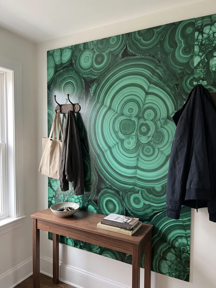 Entryway wall clad in malachite with a narrow console: emerald green with light and dark concentric bands and circles