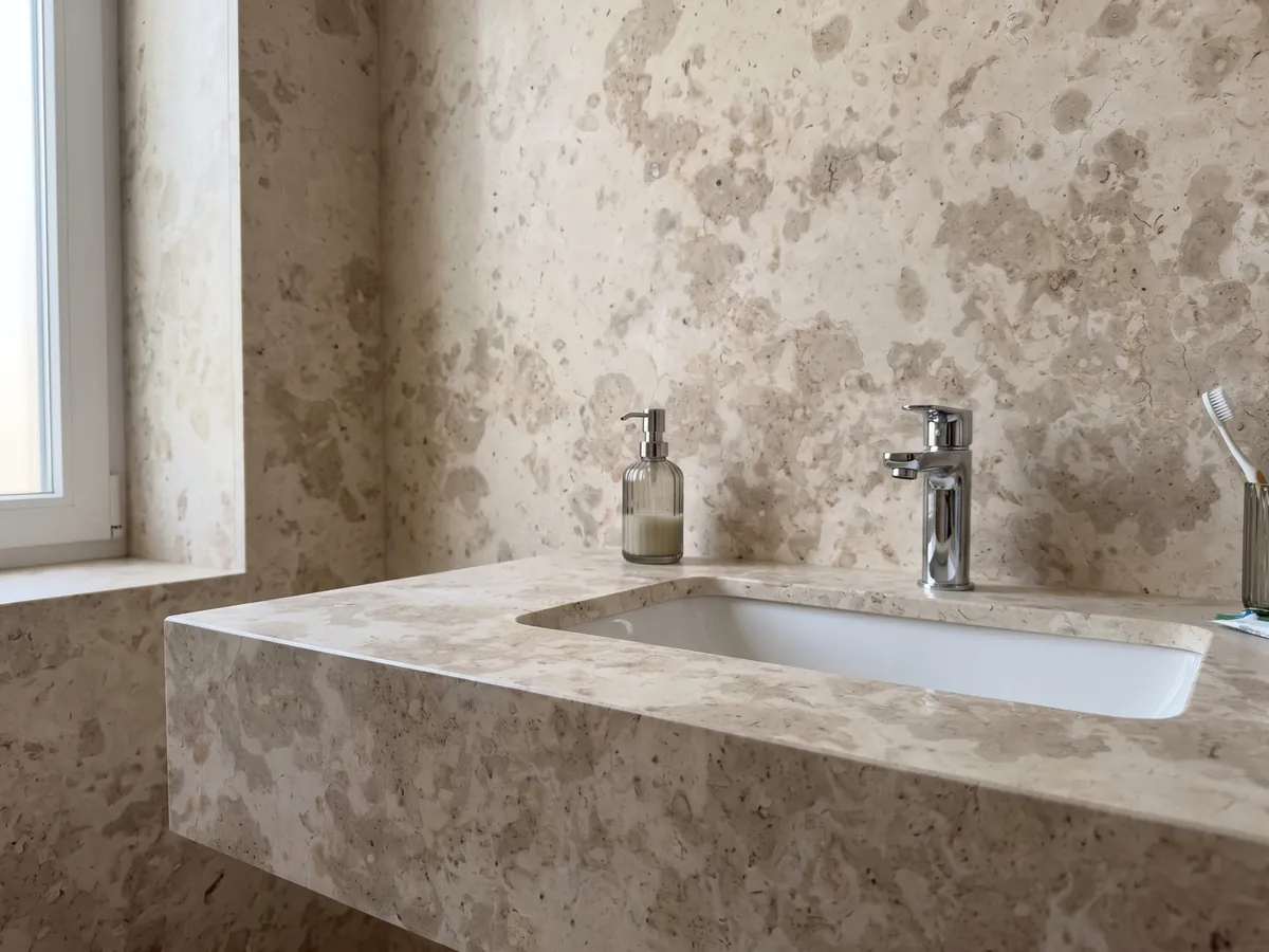 Vanity top and bathroom wall in Giallo D'Istria marble with a white sink and chrome fixtures: grayish beige cloud-shaped stains on cream, with small visible pores