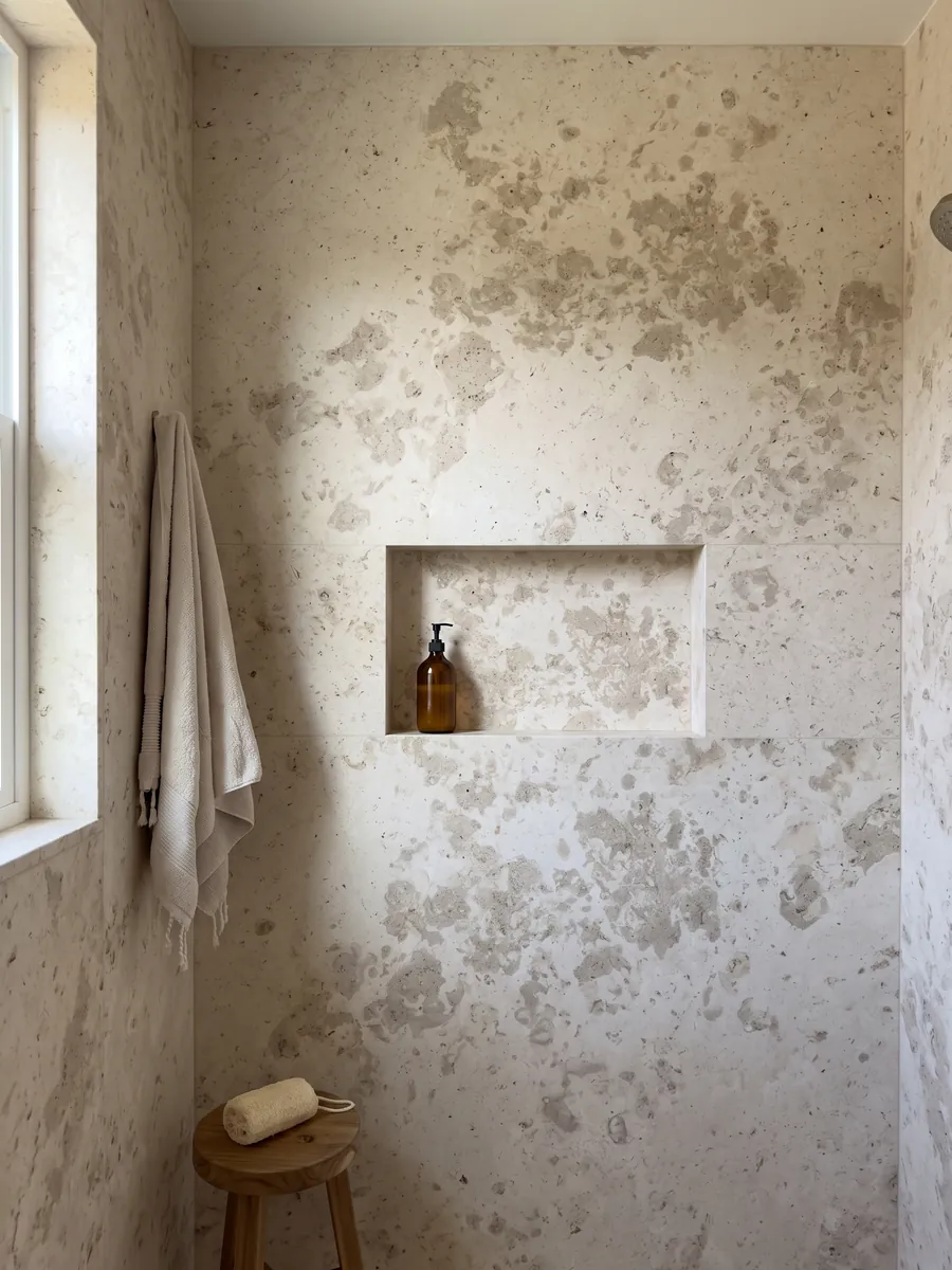 Shower clad in full Giallo D'Istria marble slabs with a recessed niche: grayish beige cloud-shaped stains on cream, with small visible pores