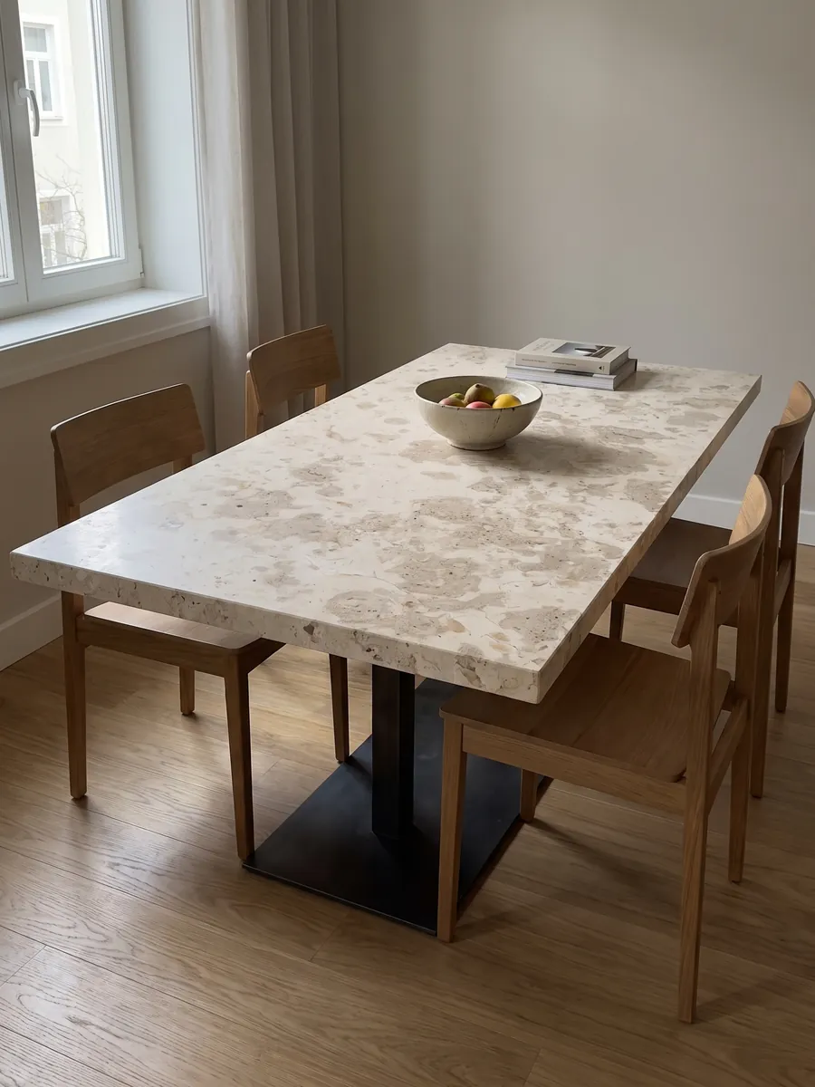 Dining table with a Giallo D'Istria marble top on a steel base: grayish beige cloud-shaped stains on cream, with small visible pores
