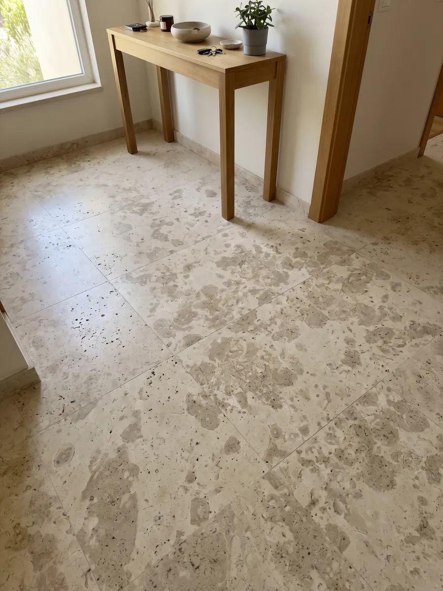 Entryway floor in large Giallo D'Istria marble slabs with natural light: grayish beige cloud-shaped stains on cream, with small visible pores