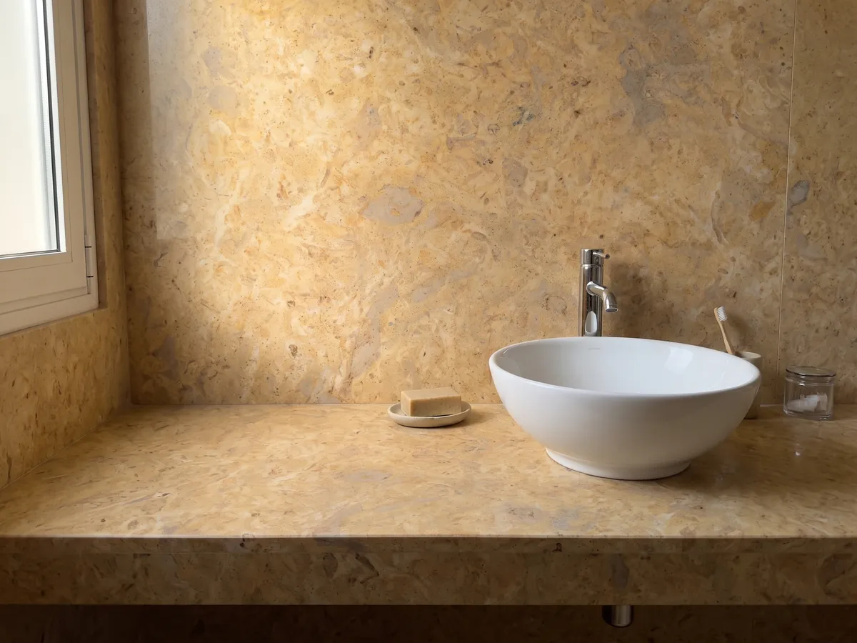Vanity top and bathroom wall in Giallo Provenza marble with a white sink and chrome fixtures: warm cloudy golden ochre, with soft grayish stains and a stone texture