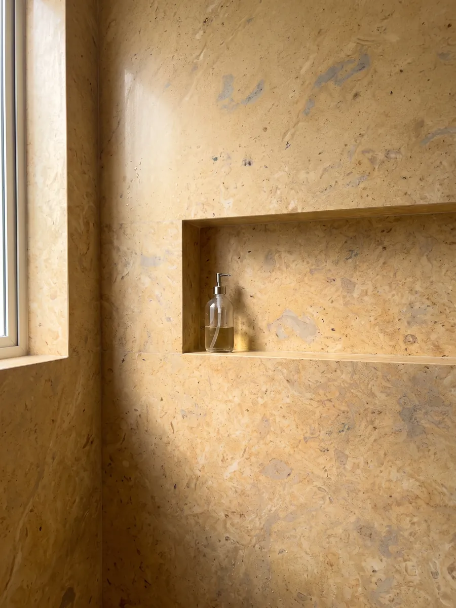 Shower clad in full Giallo Provenza marble slabs with a recessed niche: warm cloudy golden ochre, with soft grayish stains and a stone texture